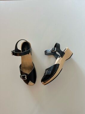 Swedish Hasbeens Pia Debutant Heeled Sandals, Clogs Black Tan 37 US 7